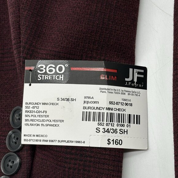 JF J Ferrar Size Small 34/36 SH Slim Fit Burgundy Mini Check Suit Jacket Blazer - Picture 11 of 12